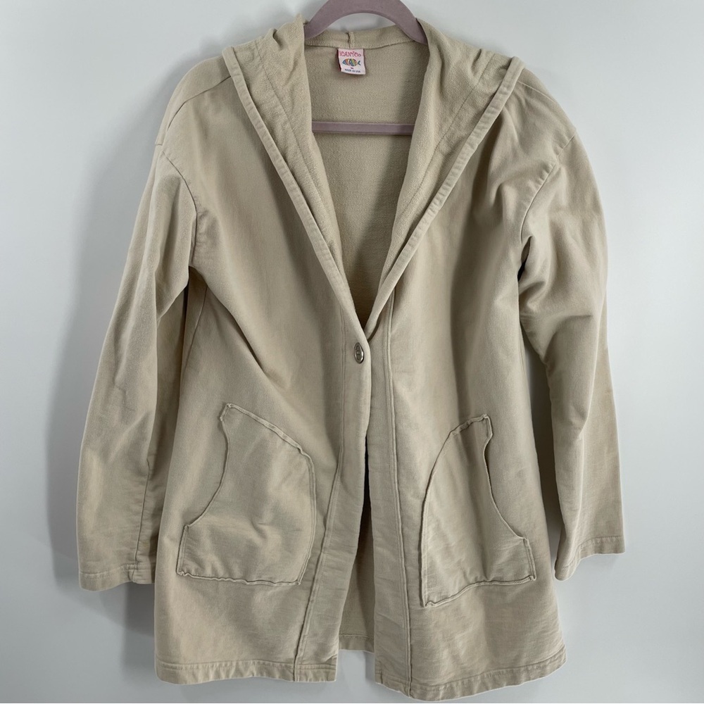 Relaxed Fit Grey Hood Long Sleeve Pockets 100% Cotton One Button Jacket Casual